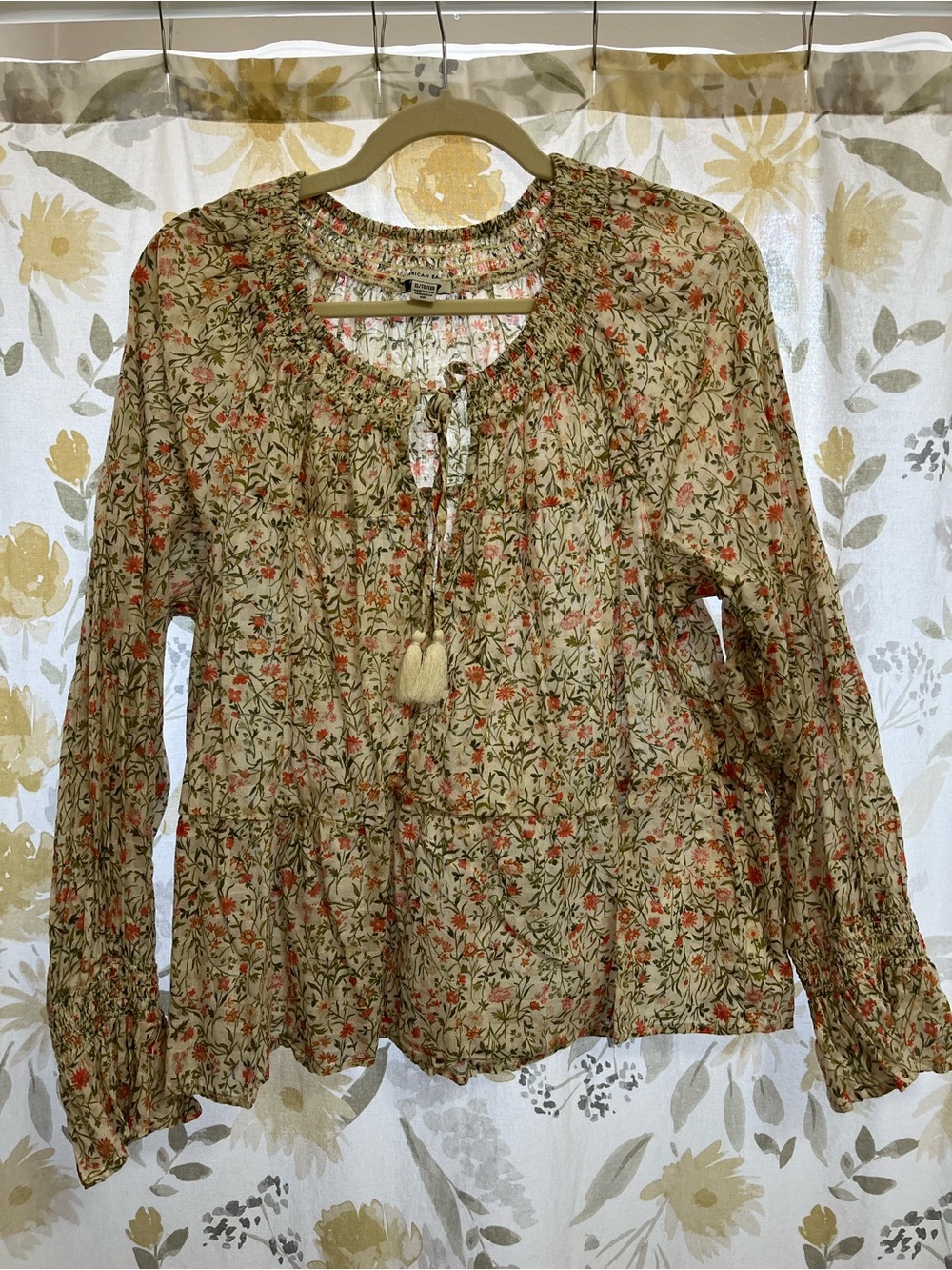 American Eagle Outfitters Cream Blouse with Olive & Coral Floral Print
